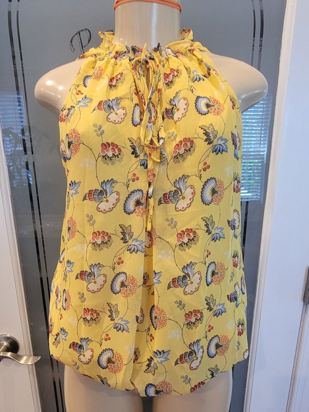 Max Studio Sleeveless Yellow Floral Balloon Hem Ruffle/Tie Neckline Blouse
